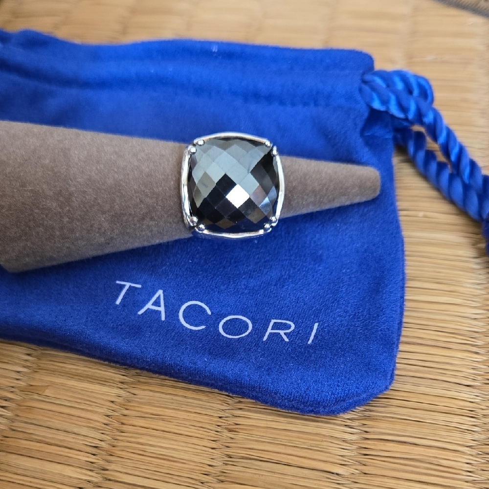 TACORI 925 Silver Ring with Black Hematite Faceted Cushion Cut Stone - Picture 10 of 10
